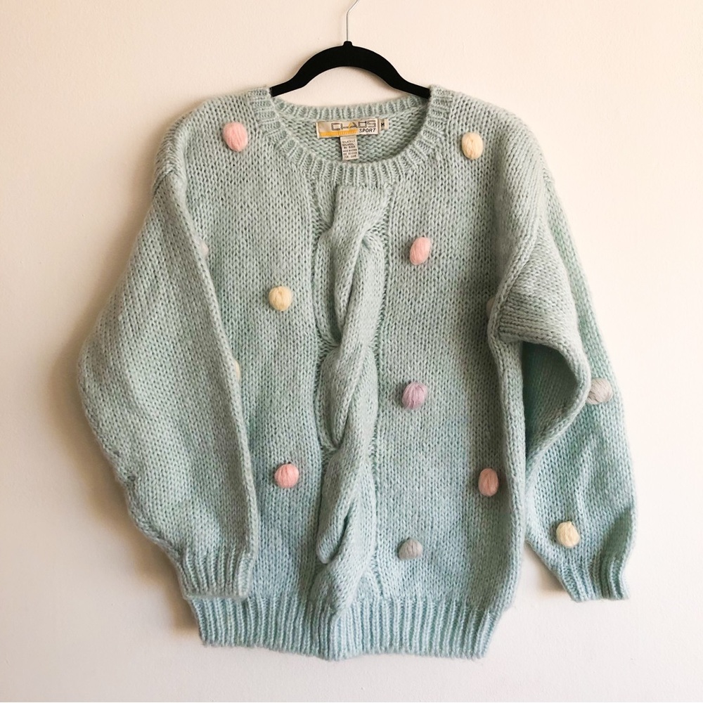 Chunky Knit Sweater| Mint pom pom pullover knit sweater size Medium